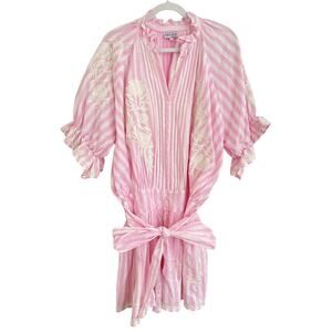 Juliet Dunn Tuckernuck Embroidered Blouson Mini Puff Sleeve Dress Pink Stripe L